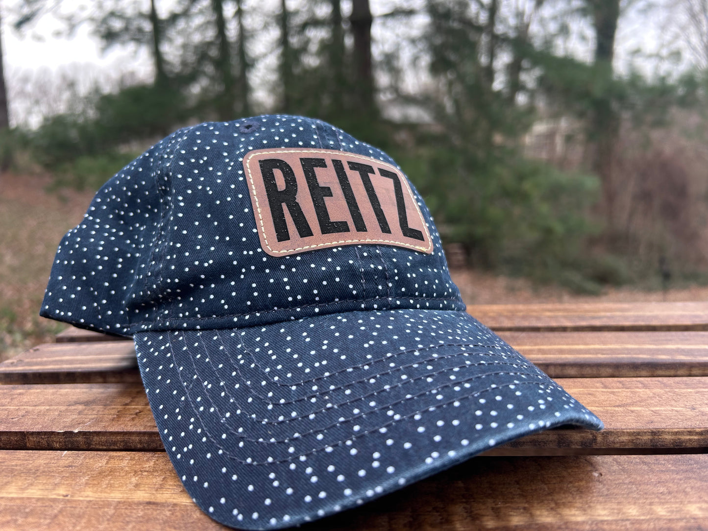 ONE AVAILABLE - Reitz Patch Hat - Polka Dot Navy Hat