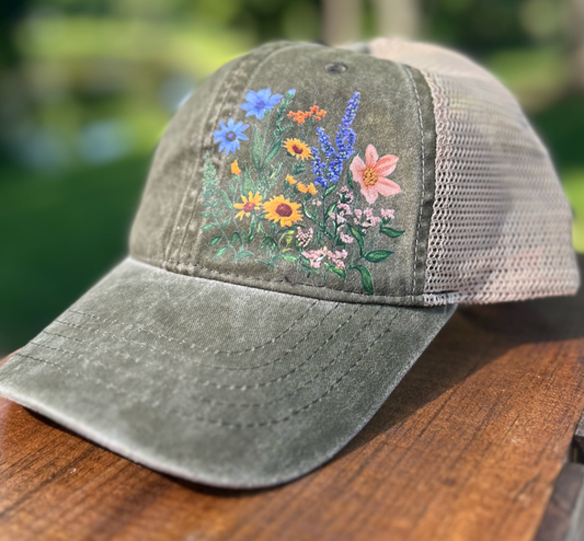 Floral Hat - Olive Camo Mesh